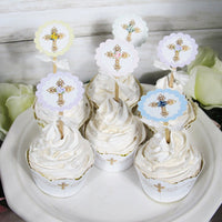Baptism Christening First Communion Gold Cross Decorations - God Bless Name Banner Garland Bunting Cupcake Toppers Favor Bags Tags