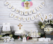 Baptism Christening First Communion Gold Cross Decorations - God Bless Name Banner Garland Bunting Cupcake Toppers Favor Bags Tags