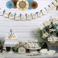 SALE Nautical Sea Beach Ocean Baby Bridal Shower or Wedding Decorations Bundle - Banner Sign Cupcake Toppers Favor Tags Centerpiece Picks