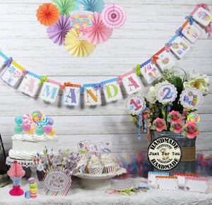 Candy Party Decorations Bundle - Custom Name Banner Garland Cupcake Toppers Favor Tags Birthday Baby Shower Centerpiece Rainbow