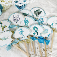 Mermaid Party Table Decorations Bundle Set - Custom Banner Garland Cupcake Toppers Favor Tags Bags Birthday Baby Centerpiece Sea Animals