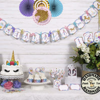 Unicorn Party Table Decorations Bundle Set - Name Banner Garland Cupcake Toppers Favor Tags Bags Birthday Baby Shower Centerpiece Rainbow