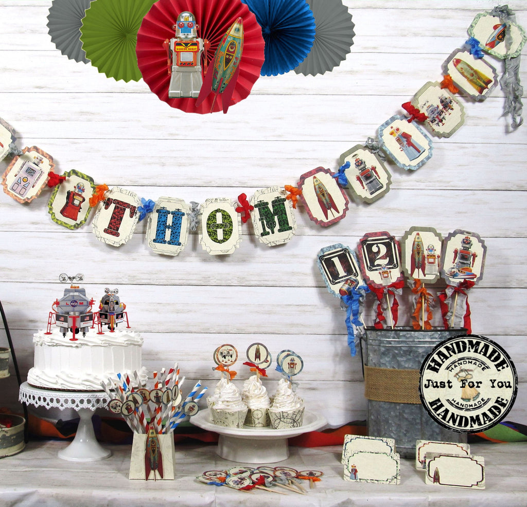 Robots & Rockets Vintage Style Space Birthday Decorations Bundle - Name Banner Garland Sign Cupcake Toppers Favor Tags Birthday Centerpiece