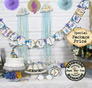 Mermaid Party Table Decorations Bundle Set - Custom Banner Garland Sign Cupcake Toppers Favor Tags Birthday Centerpiece Sea Animals