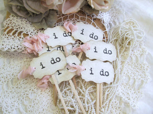 i do Wedding Cupcake Toppers Party Picks Vintage Rustic Shabby - Set of 12  18  36  50  100