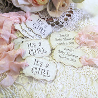 It's a Girl Baby Girl Shower Favor Gift Tags - Parchment Double Sided Customized Personalized - Set of 18 - Choose Ribbons - sweet baby girl