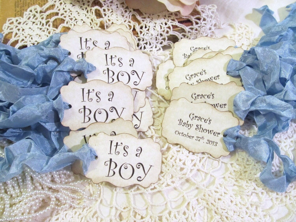 It's a Boy Favor Gift Tags - Baby Shower Sprinkle Tags - Double Sided Personalized - Set of 18 - Choose Ribbons - sweet baby boy tags