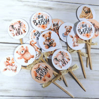18 Oh Baby! Teddy Bear Baby Shower Cupcake Toppers Picks - Peach Gender Neutral - Elephant and Rabbit - Set of 18