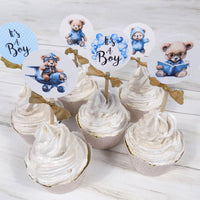 18 It's a Boy Blue Teddy Bear Baby Shower Cupcake Toppers Picks with Brown Ribbons - Set of 18
