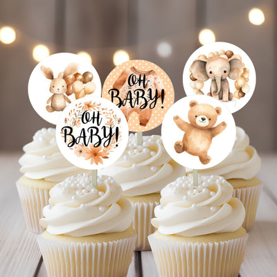 18 Oh Baby! Teddy Bear Baby Shower Cupcake Toppers Picks - Peach Gender Neutral - Elephant and Rabbit - Set of 18