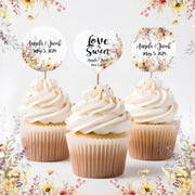 Wildflowers Wedding Cupcake Toppers Picks Floral - Love is Sweet Personalized - Round Heart Fancy Square