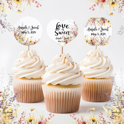 Wildflowers Wedding Cupcake Toppers Picks Floral - Personalized - Round Heart Fancy Square - Love is Sweet