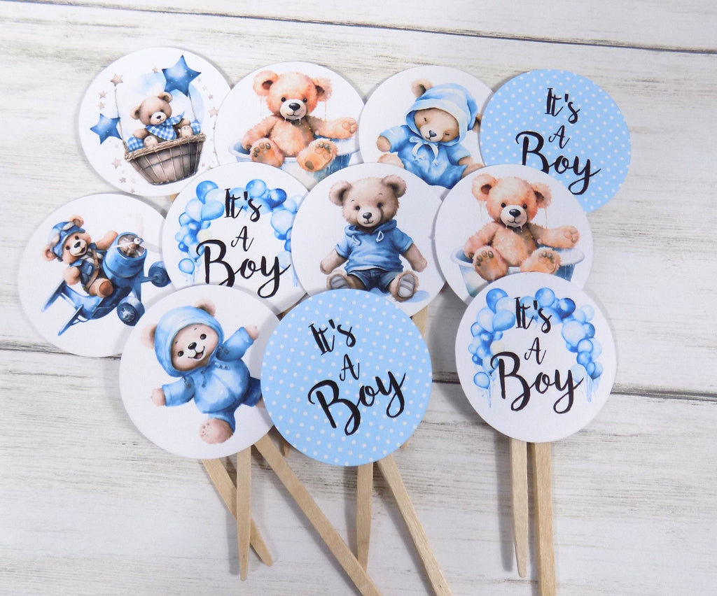 18 It's a Boy Blue Teddy Bear Baby Shower Cupcake Toppers Picks with Blue Ribbons - Set of 18