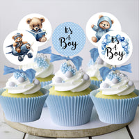 18 It's a Boy Blue Teddy Bear Baby Shower Cupcake Toppers Picks with Blue Ribbons - Set of 18