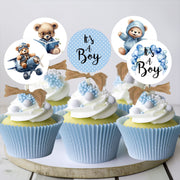 18 It's a Boy Blue Teddy Bear Baby Shower Cupcake Toppers Picks with Brown Ribbons - Set of 18