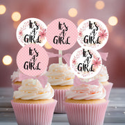18 It's a Girl Pink Floral and Polka Dot Baby Shower Cupcake Toppers Picks - Set of 18
