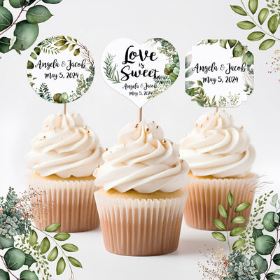 Greenery Leaves Wedding Cupcake Toppers Picks Leaf Botanical Succulent - Personalized - Round Heart Fancy Square - Love is Sweet