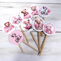18 It's a Girl Pink Teddy Bear Baby Shower Cupcake Toppers Picks - Set of 18