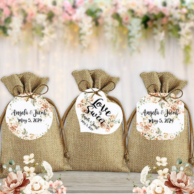 Peach Floral Love is Sweet Wedding Favor Tags, Tags Only, Personalized Gift Tags, Blush Peach Heart Square Round Tags - Boho Tags, Thank You Tags