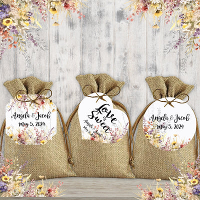 20 Wildflower Wedding Favor Tags, Tags Only, Personalized Gift Tags, Floral Heart Square Round Tags - Bohemian Wedding Thank You Tags