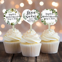 Greenery Leaves Eucalyptus Bridal Shower Cupcake Toppers Picks Floral - Personalized - Round Heart Fancy Square - Love is Sweet