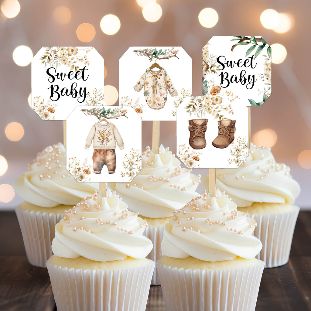 18 Boho Baby Shower Cupcake Toppers Picks Clothes Clothesline Sweet Baby Girl Boy Fraternal Twins Floral Gender Neutral