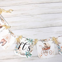 It's a Boy Boho Baby Clothes Banner, Clothesline Baby Shower Sign with Ivory Ribbons