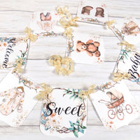 Welcome Sweet Baby Boho Shower Banner Baby Clothes Clothesline Baby Sign with Ivory Ribbons