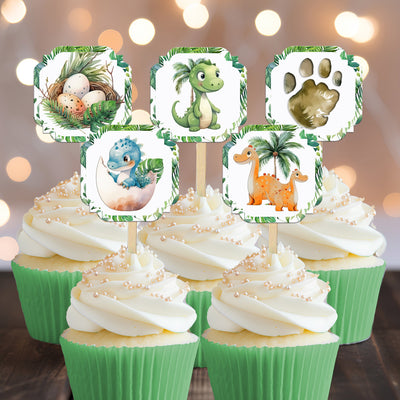 18 Baby Dinosaur Shower Gender Neutral Cupcake Toppers Picks Greenery It's a Girl or Boy