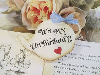 Alice Teapot Unbirthday Birthday Corsage Pin with Ribbon Bow & Sparkle Heart