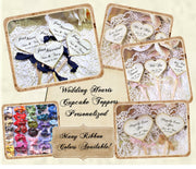 Personalized Wedding Heart Cupcake Toppers - Rustic Vintage Style